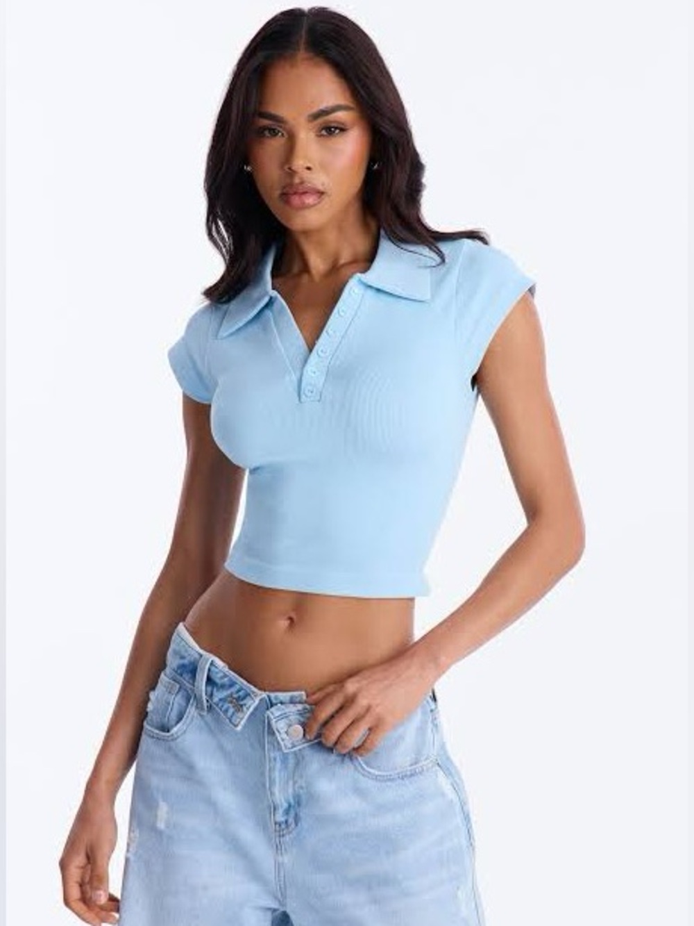 Fashion Nova Light Blue Camila Cap Sleeve Polo Top